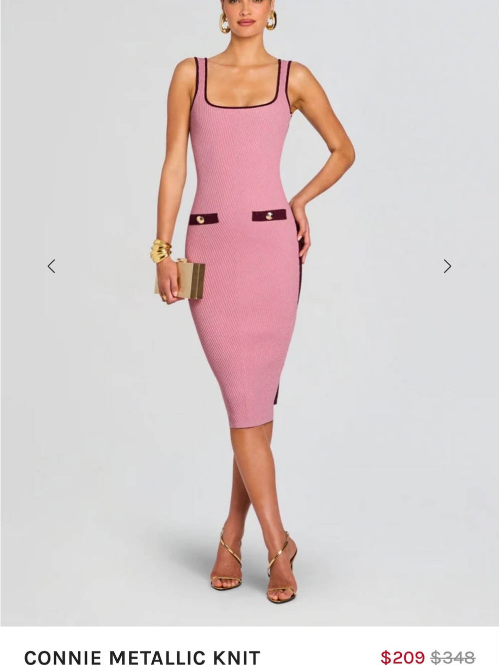 Connie Pink Metallic Knit Midi Dress with Black Trim